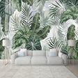 Tropical leaf wallpaper creating a fresh modern look in a bright living room with natural light