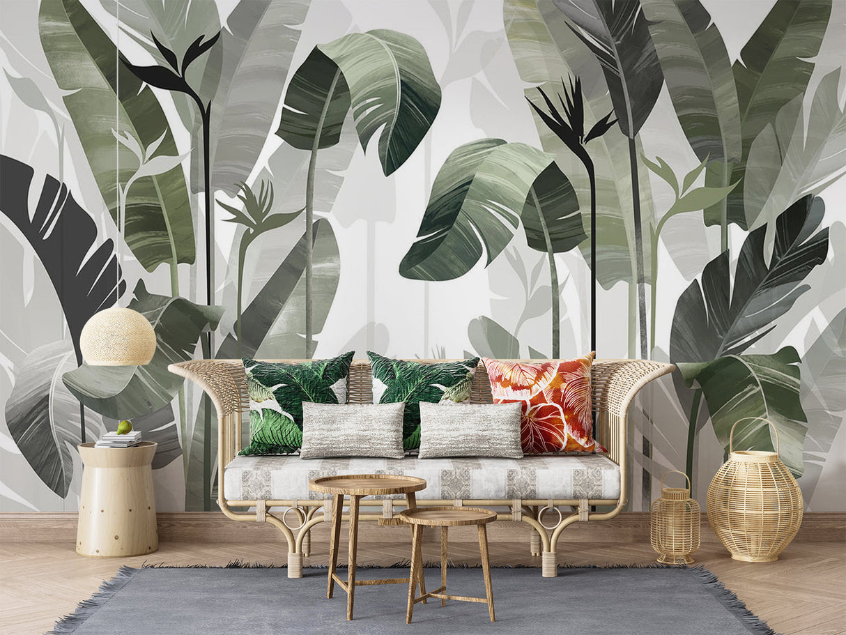 Large scale tropical wallpaper making a statement in a bright dining room