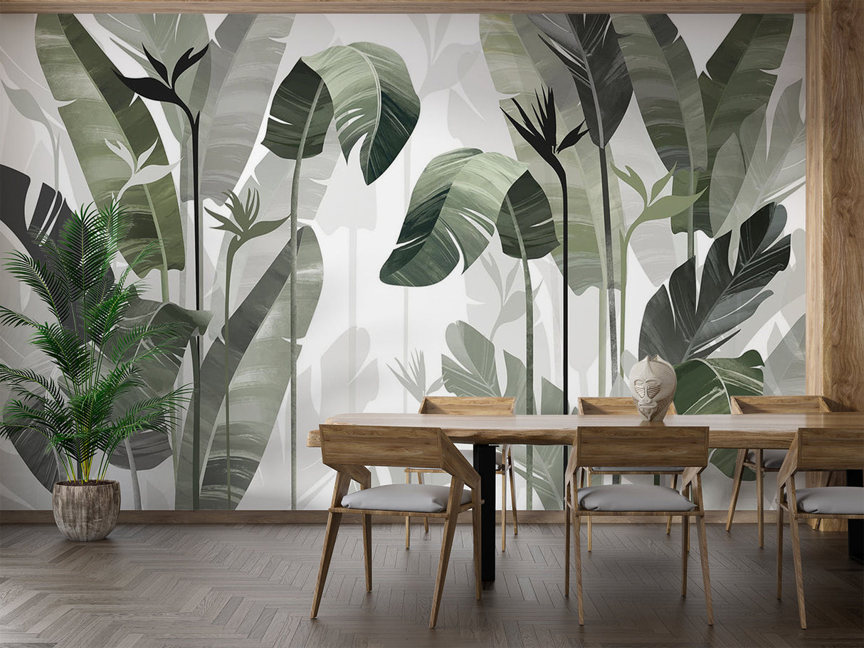 Botanical wall mural adding depth to a home office space