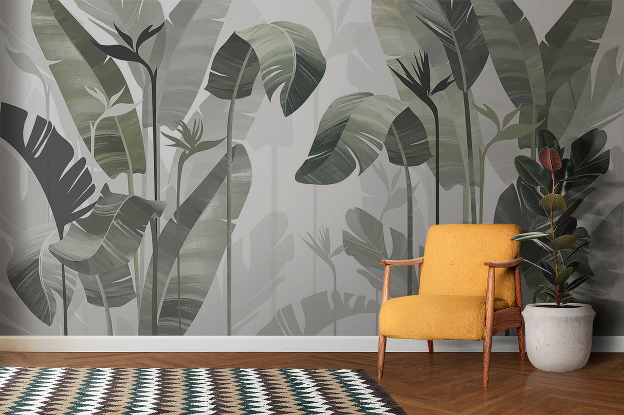 Green monstera leaf wallpaper transforming an entrance hallway