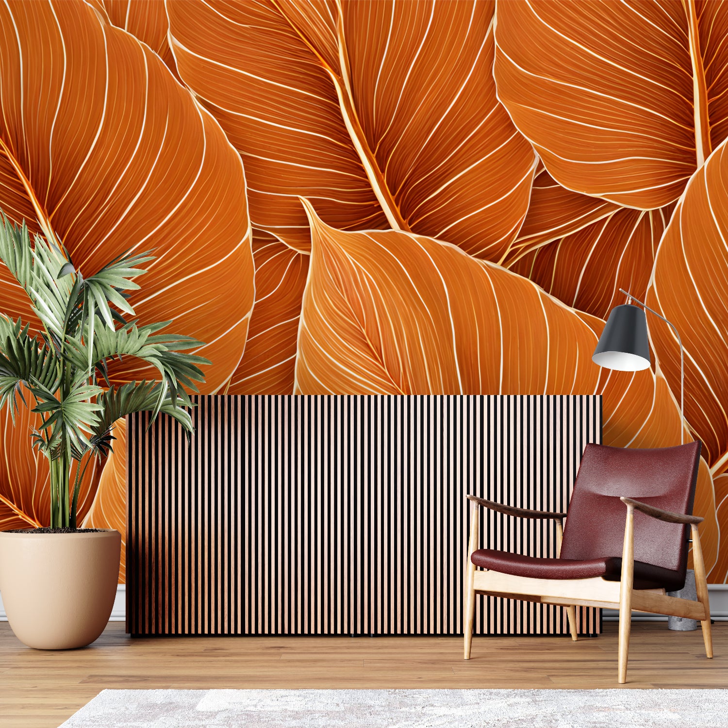Botanical orange leaf wallpaper transforms a home office with natural warmth