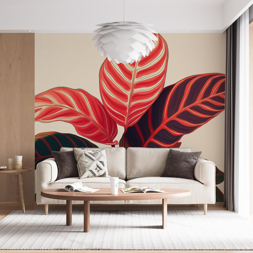 Tropical leaf wallpaper with red Calathea pattern creating a stunning backdrop in a modern dining room setting