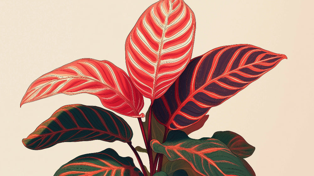 Red Calathea leaves wallpaper design file showing detailed botanical pattern on beige background