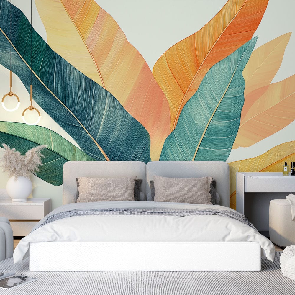 Tropical banana leaf wallpaper creating a fresh, modern look in a sun-filled living room with white furniture