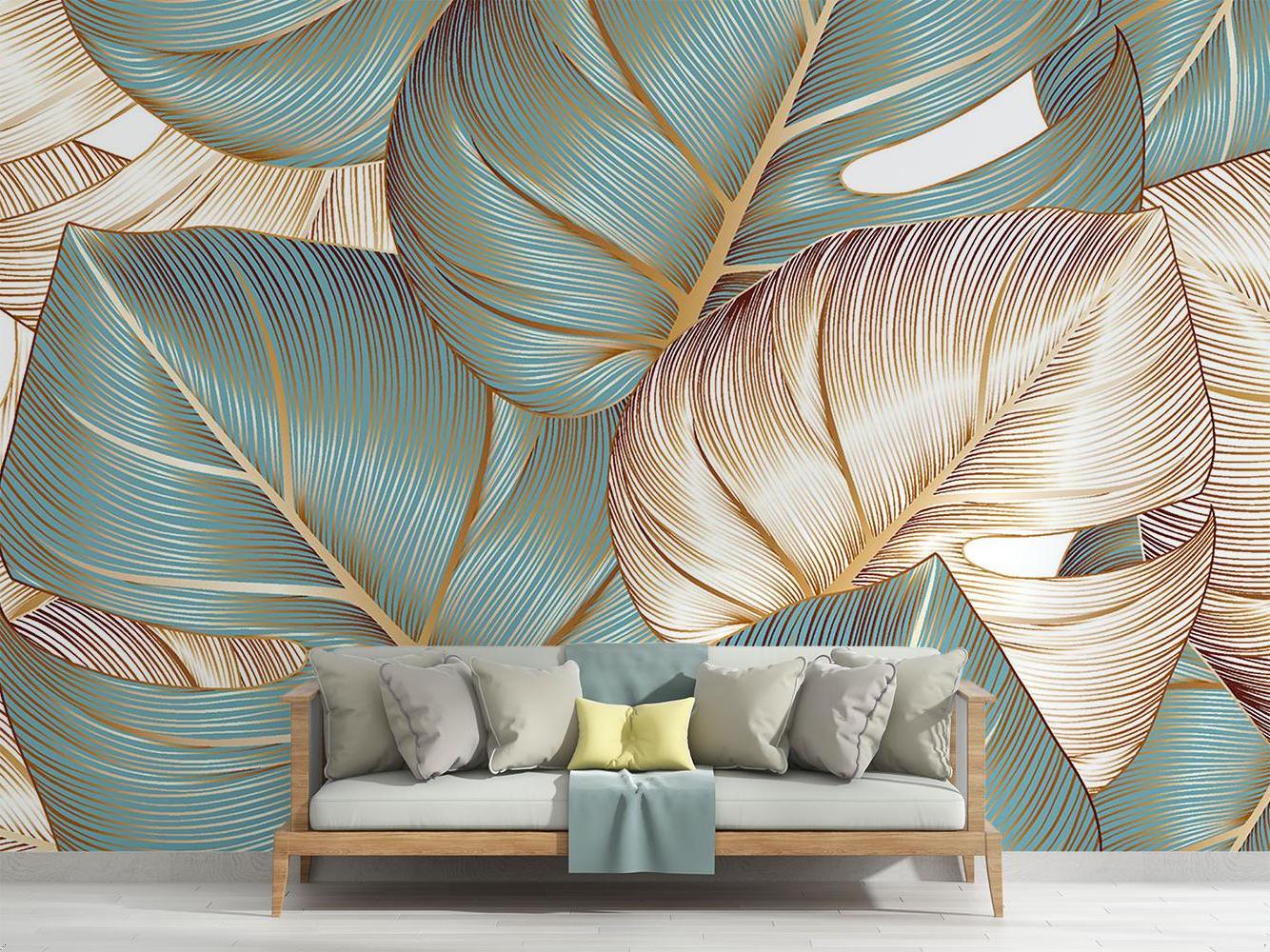 Bathroom with tropical leaf wallpaper showing scale of teal and gold pattern