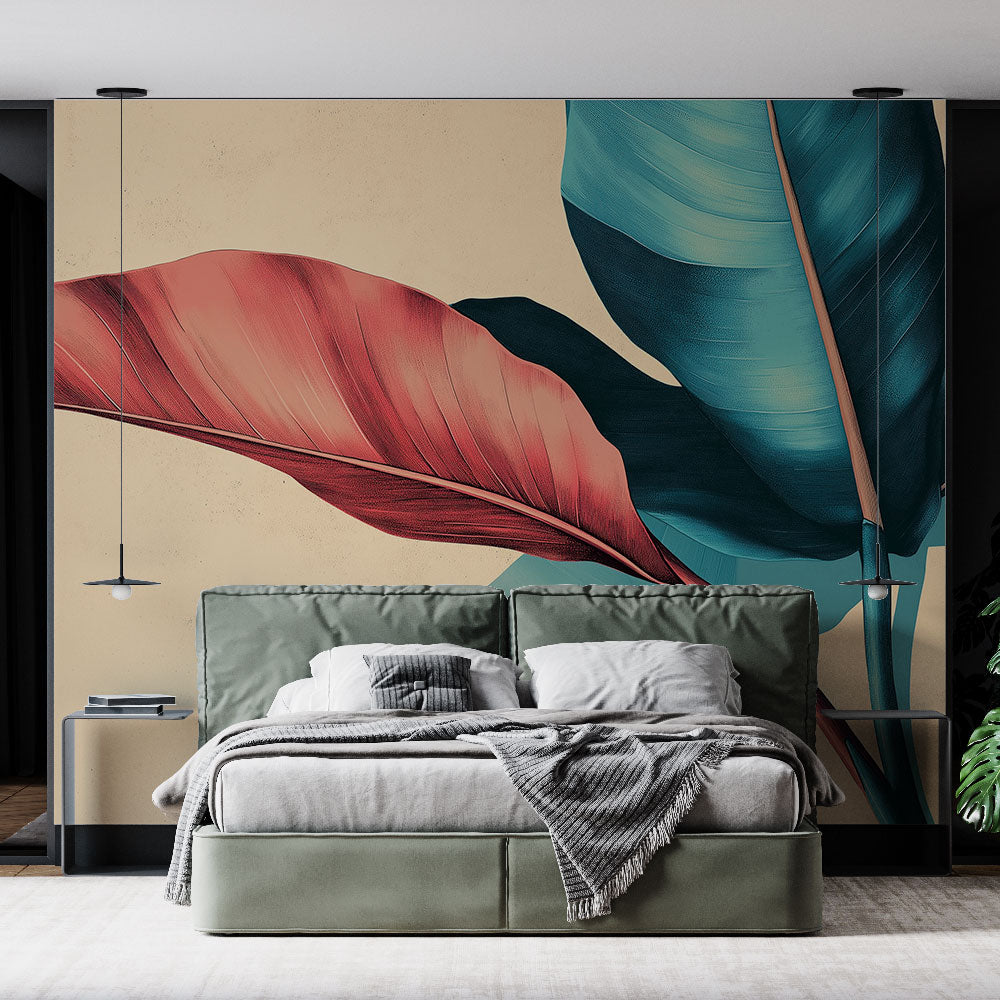 Tropical leaf wallpaper with turquoise and coral design creating a stunning accent wall in a modern living room