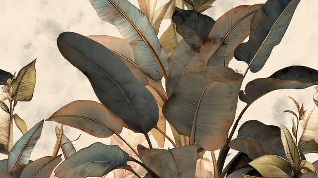 Tropical leaf wallpaper with copper accents creating a calm atmosphere in a modern living room setting