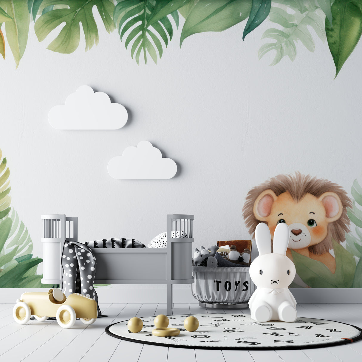 Home office with tropical lion wall mural adding natural charm