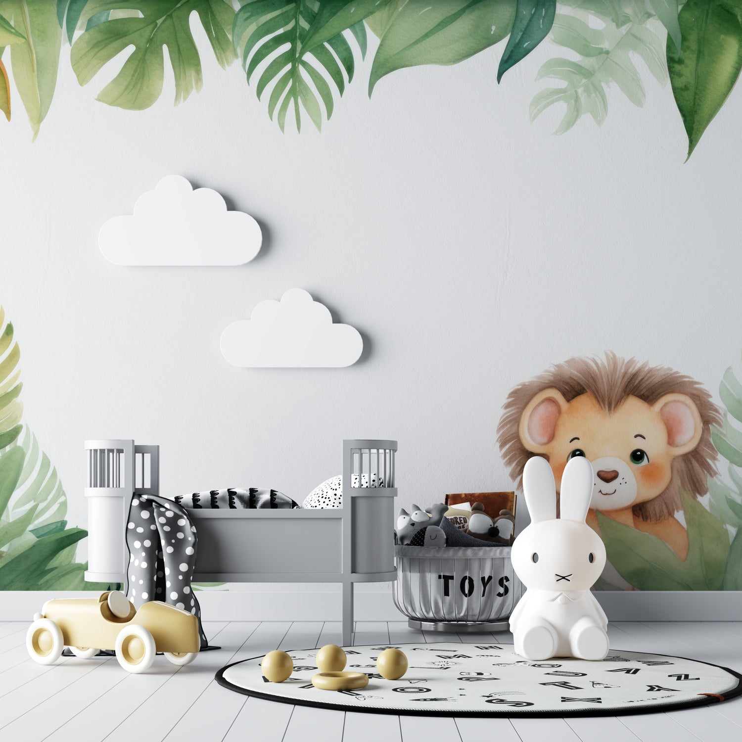 Home office with tropical lion wall mural adding natural charm