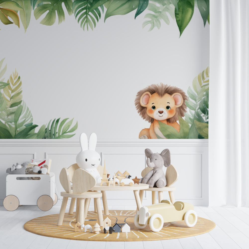 Dining room showcase of lion and tropical leaves mural creating depth