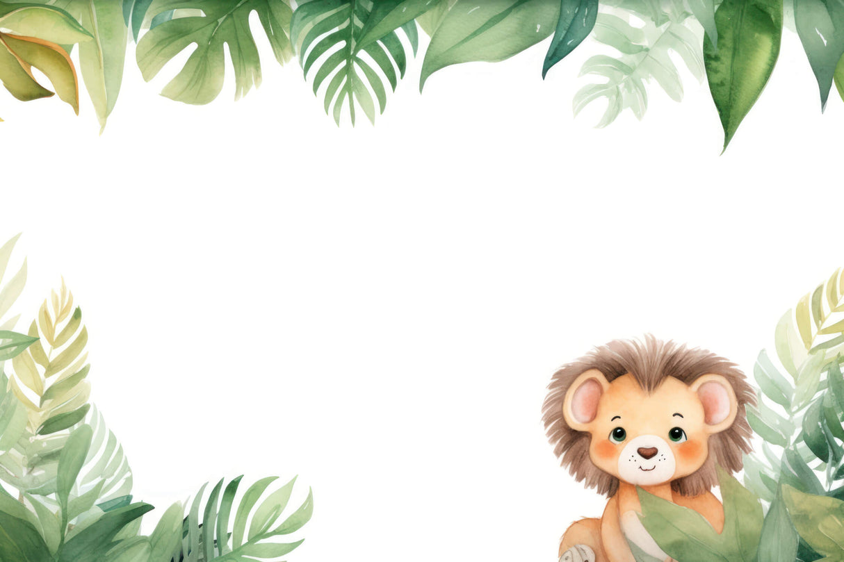 Design file showing detailed lion and monstera leaves pattern on white background