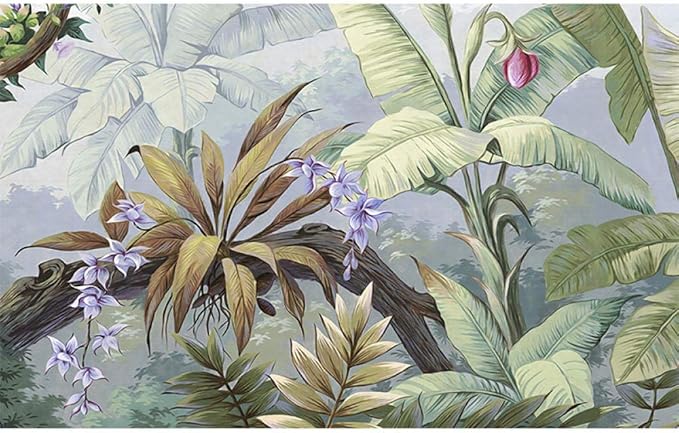 Design file of tropical banana leaf pattern with delicate purple orchids on soft background