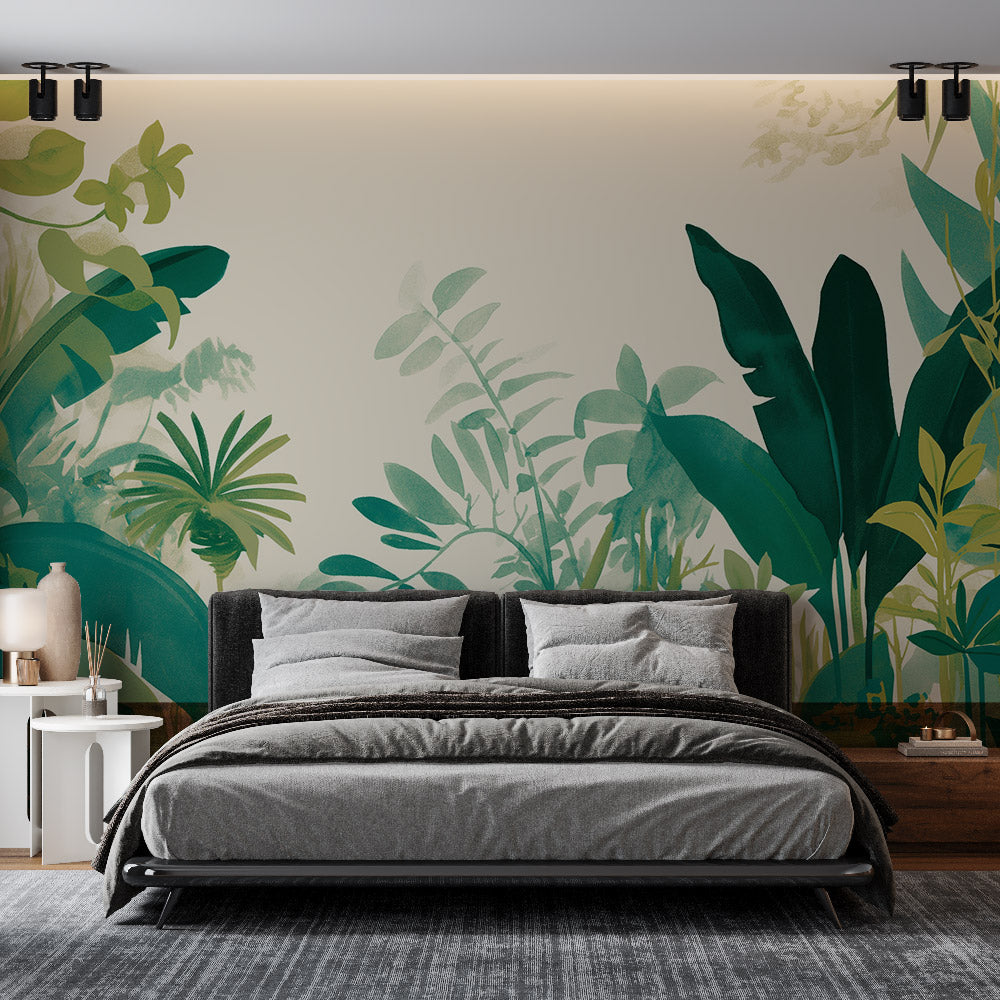 Tropical leaf wallpaper creating a calm oasis in a modern living room with natural light