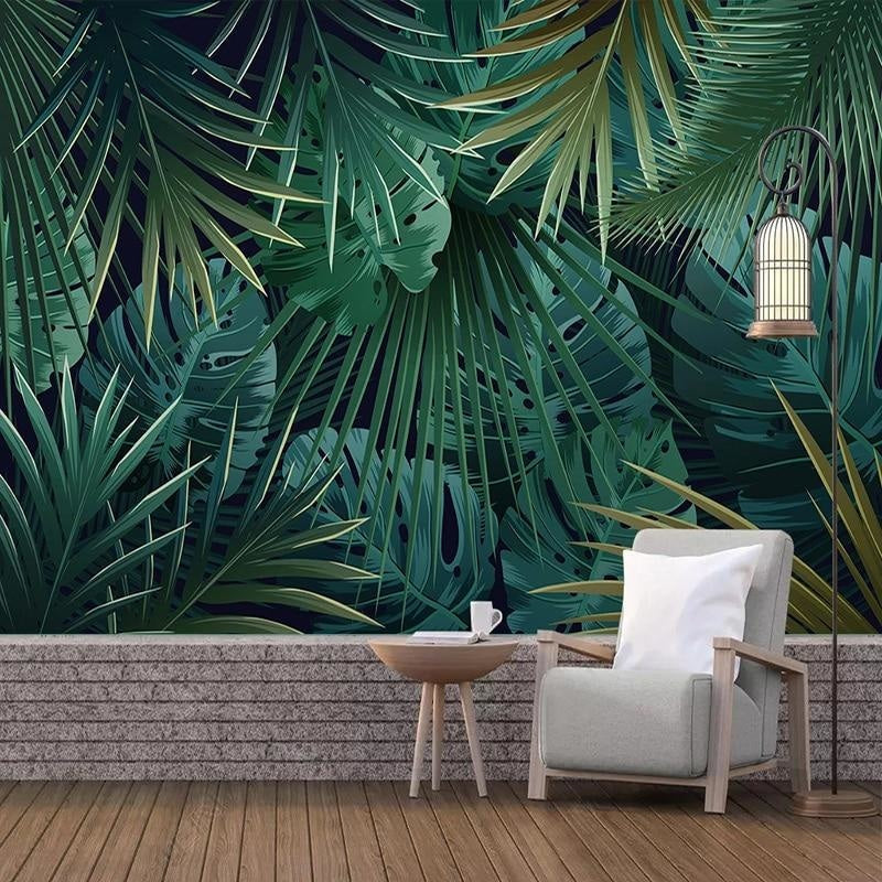 Green palm leaf mural bringing nature into a cozy bedroom with minimal decor