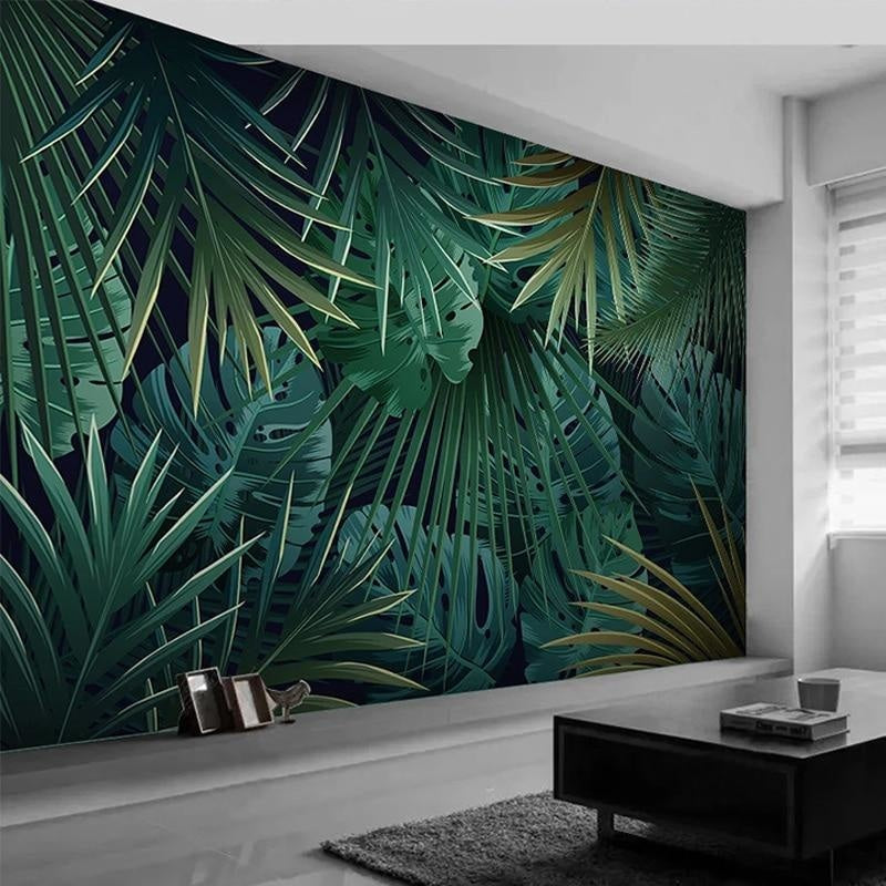 Monstera leaf wallpaper adding depth to a bright home office space