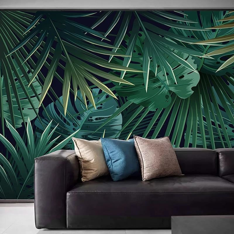 Tropical wallpaper creating a fresh vibe in dining room with wooden furniture