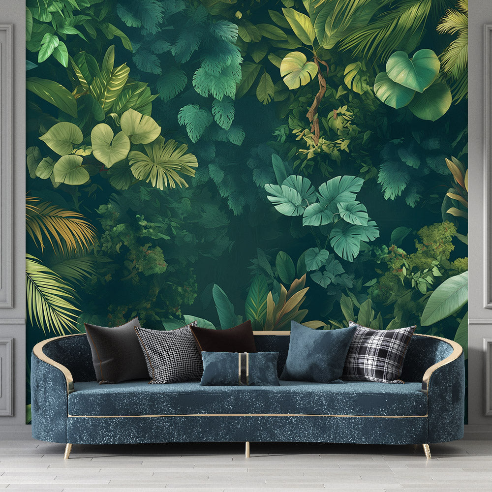 Tropical leaf wallpaper creating a luxurious feel in modern living room with grey sofa
