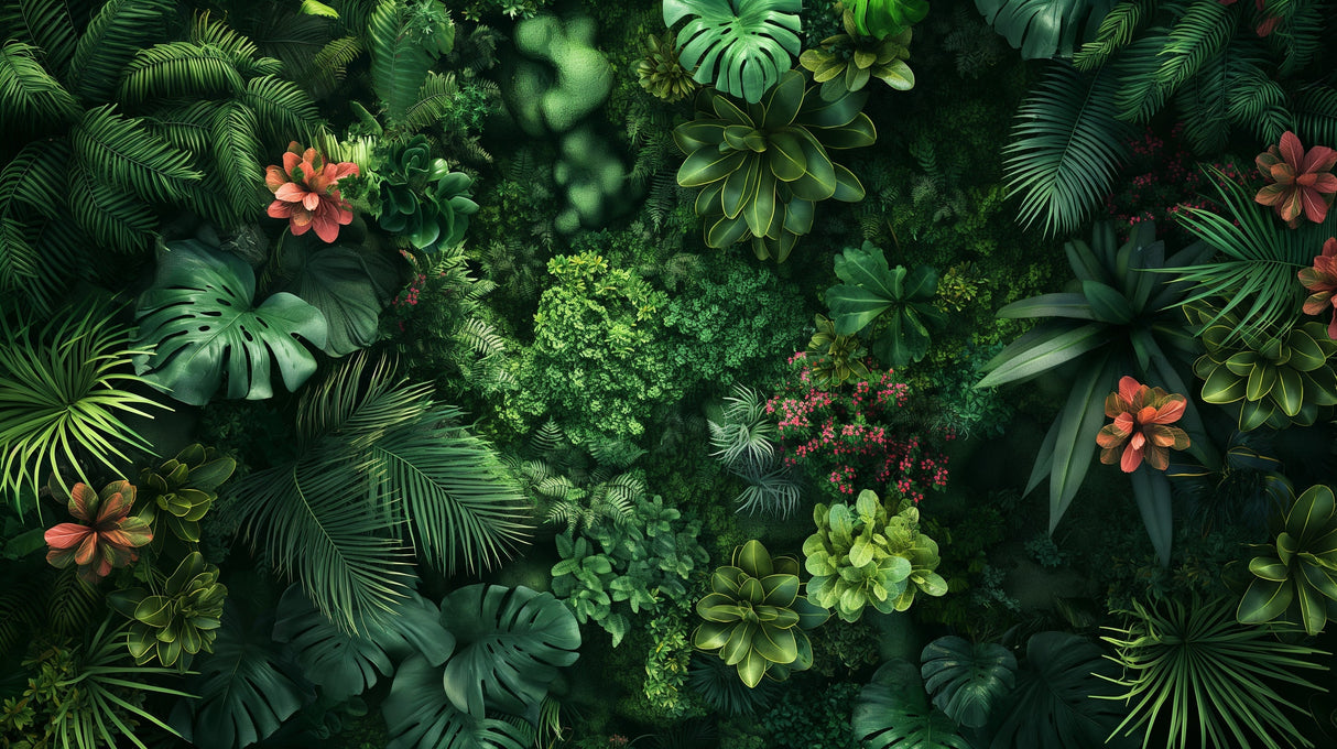 Tropical forest wallpaper creating a lush backdrop in a modern living room with natural light