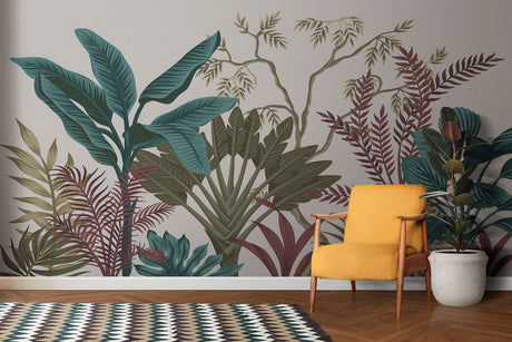 Tropical leaf wallpaper creating a calm atmosphere in a modern living room with natural light