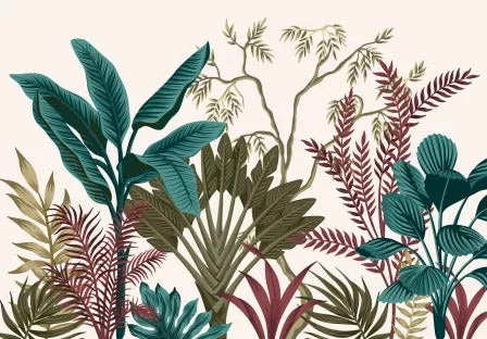 Tropical wallpaper design file showing detailed teal and terracotta foliage pattern