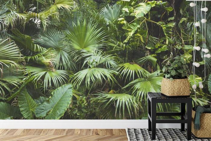 Palm and monstera leaf wallpaper bringing tropical feel to dining room
