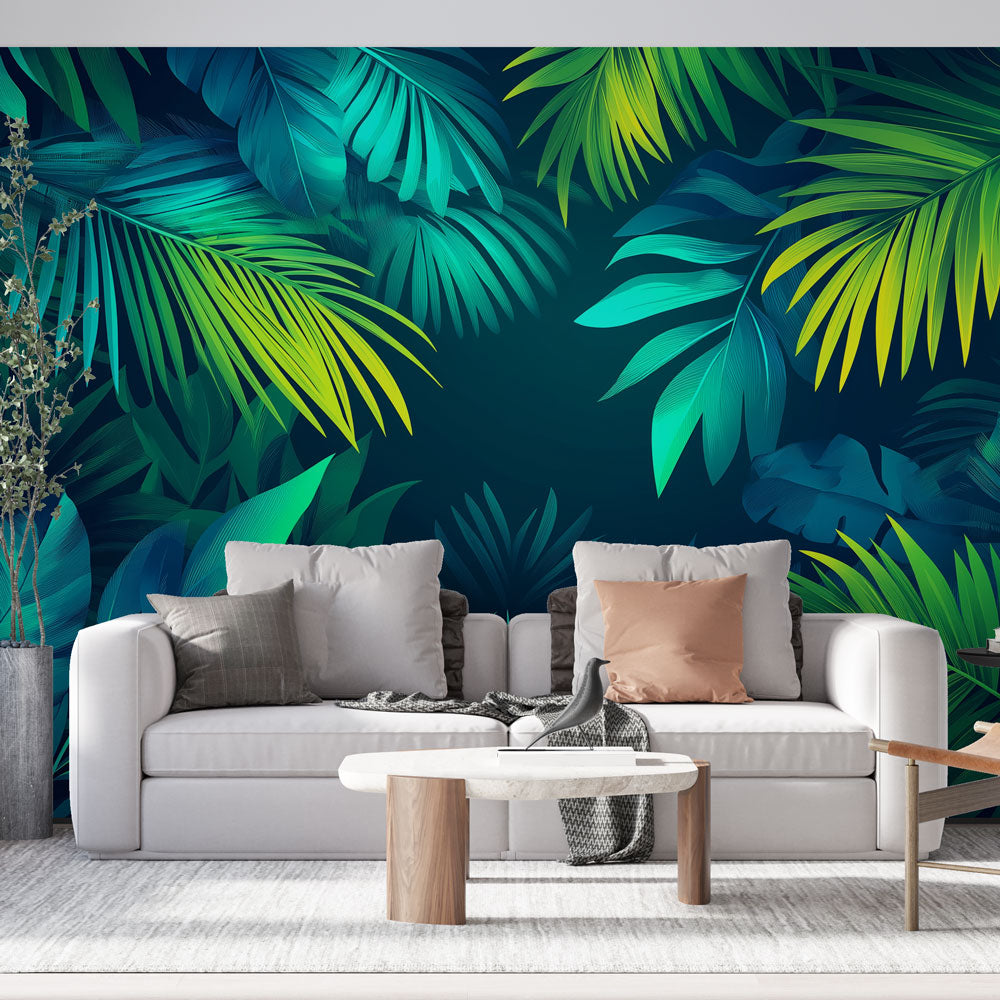 Tropical palm leaf wallpaper creating a bold statement wall in a modern living room with natural light highlighting the turquoise tones