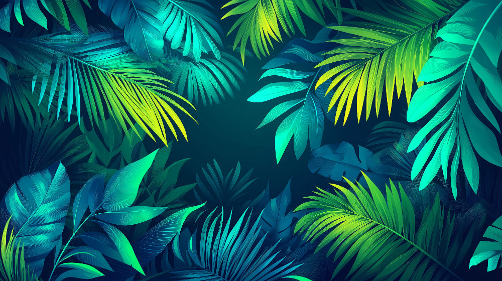 Detailed design file of tropical palm leaves pattern showing intricate turquoise and green botanical artwork