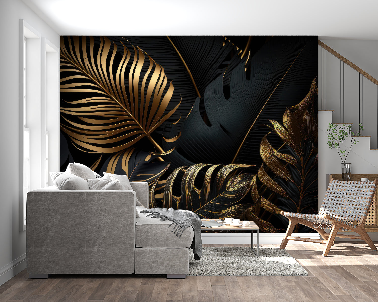Tropical black and gold leaf wallpaper in modern living room with tall windows and mid-century furniture