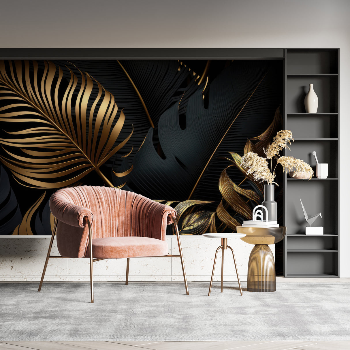 Tropical black and gold palm leaf wallpaper in modern living room with natural light