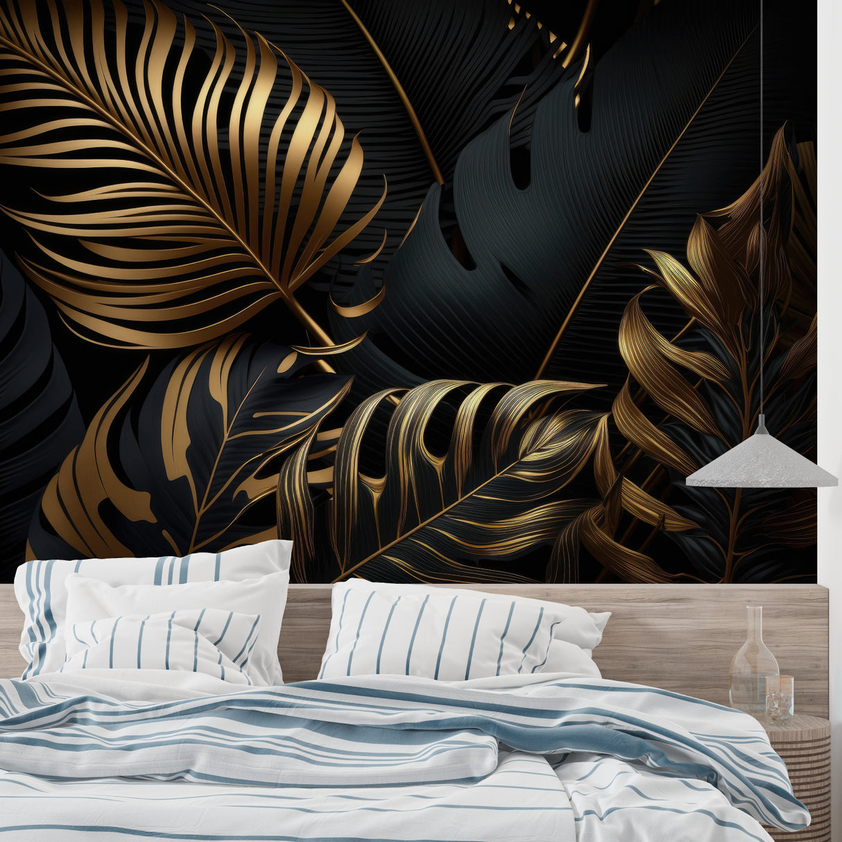 Gold palm leaves wallpaper creating luxury feel in master bedroom