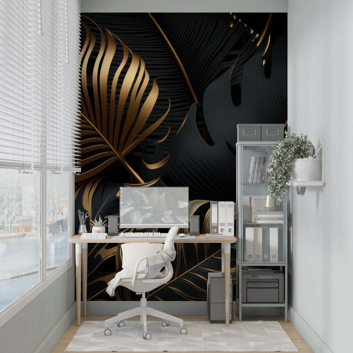 Black and gold tropical wallpaper adding elegance to dining room setting
