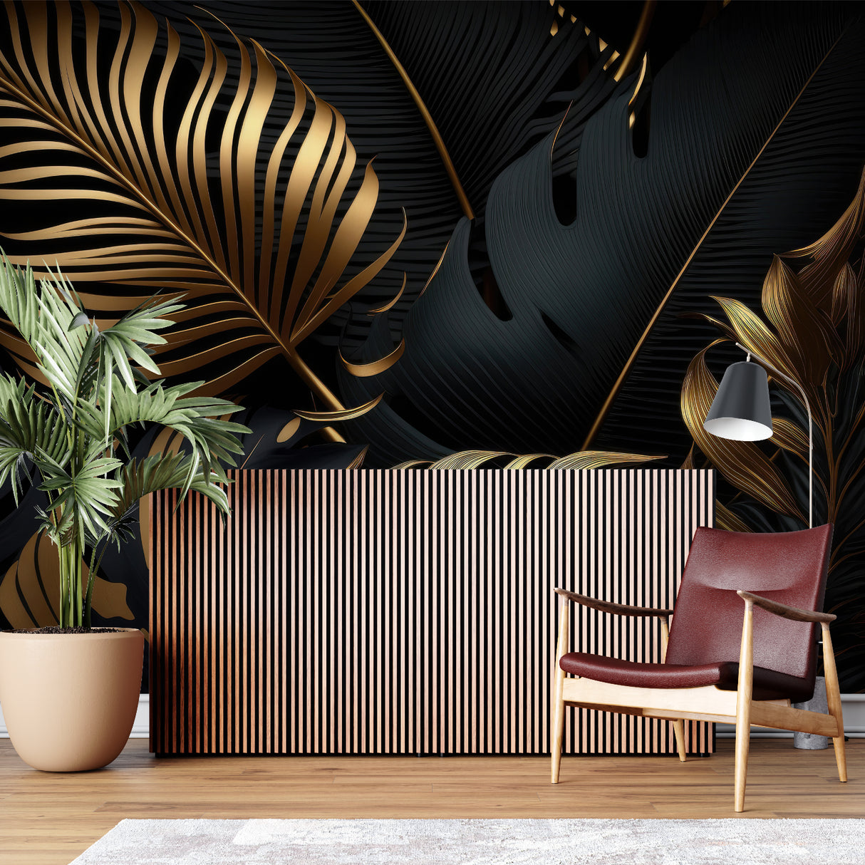 Metallic palm leaf wall mural in modern home office space