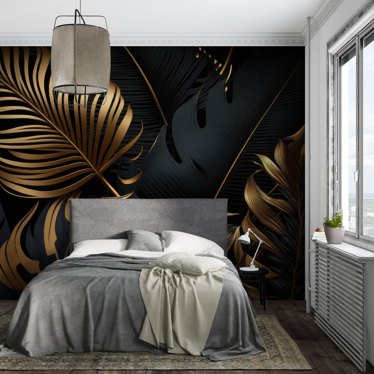 Tropical palm leaves pattern creating depth in entrance hallway