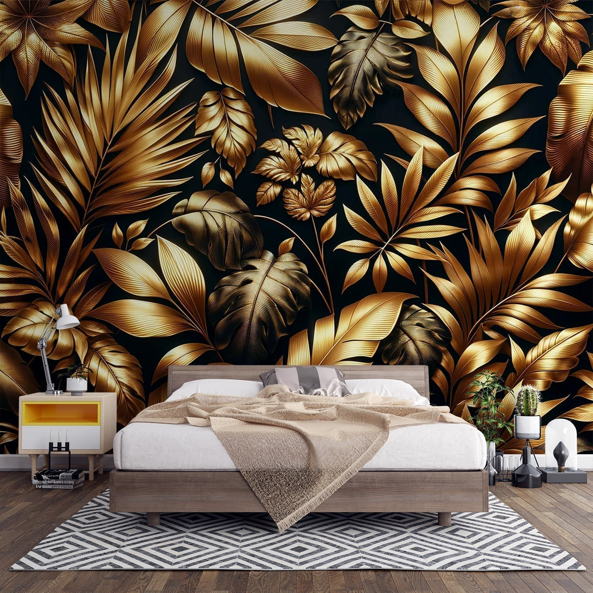 Luxury Gold Tropical Wallpaper displayed in modern living room, metallic palm leaves catching light against black background