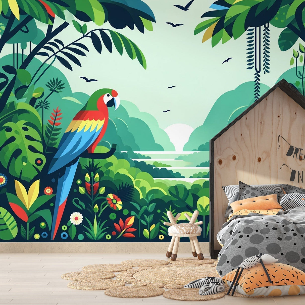 Tropical Macaw Paradise Wallpaper creating a stunning focal point in a modern living room with natural light