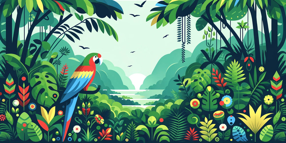 Tropical Macaw Paradise Wallpaper design file showing detailed jungle scene with vibrant bird and foliage