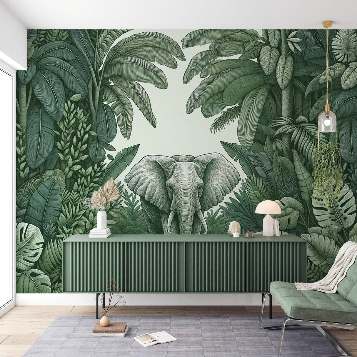 Tropical elephant wallpaper mural creating a peaceful atmosphere in a modern living room with minimal furniture