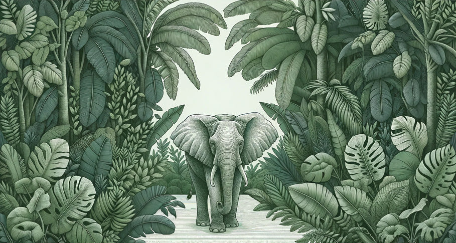 Elephant in jungle design file showing detailed green botanical pattern with gentle wildlife illustration