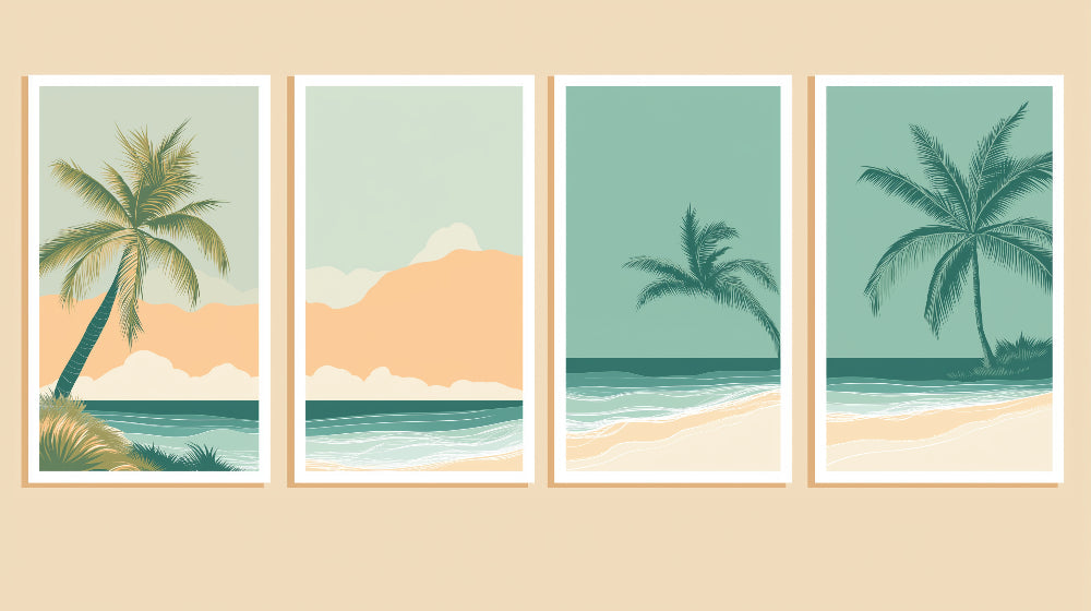 Minimalist beach paradise design file showing full tropical mural pattern with palm trees and ocean waves