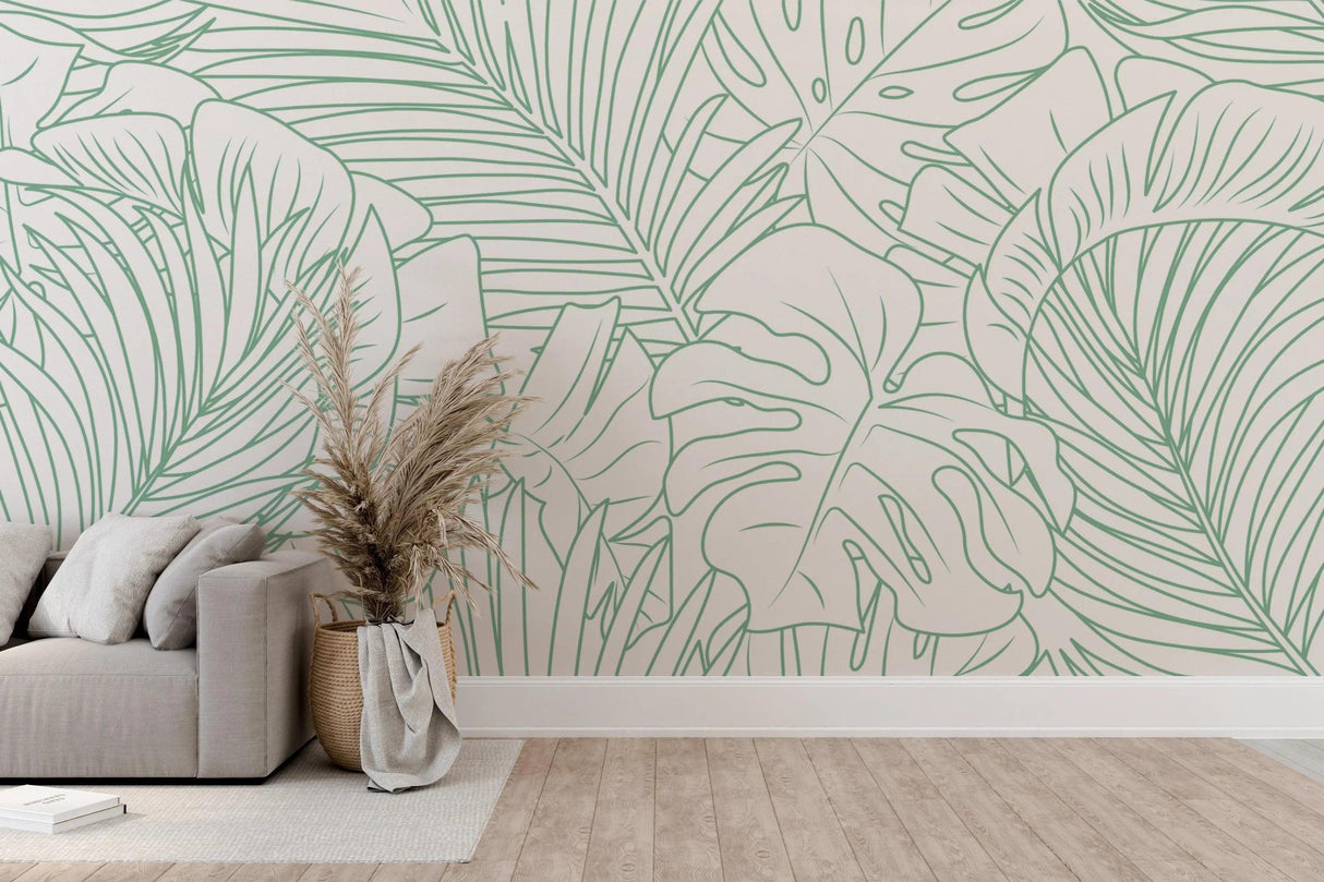 Tropical line art leaf wallpaper in bright modern living room showing clean minimalist design and natural light