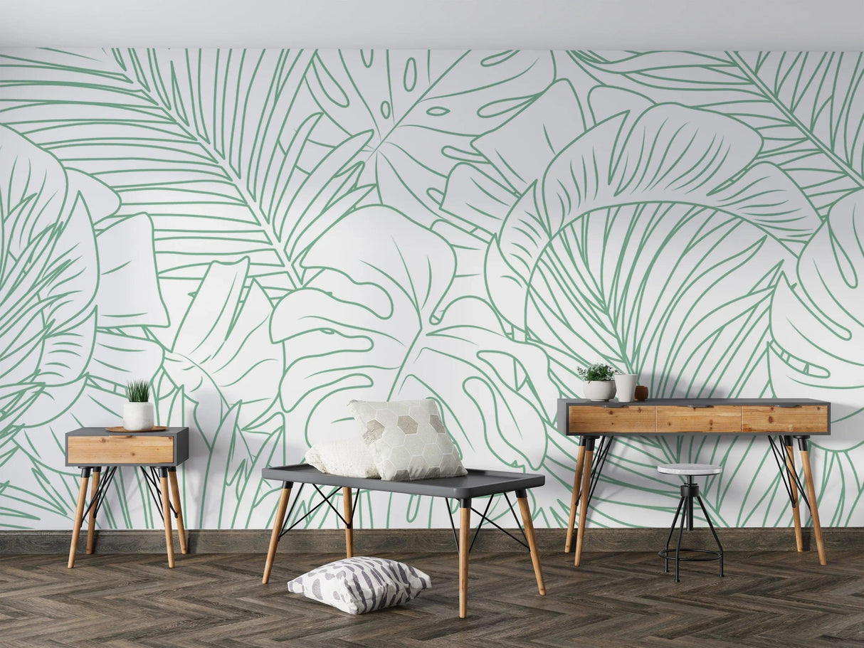 Minimalist green leaf wallpaper in contemporary home office creating a fresh botanical atmosphere