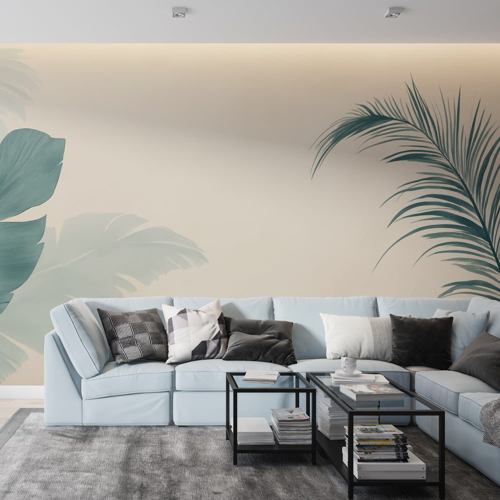 Tropical leaf wallpaper creating a fresh modern look in a bright living room with minimal furniture