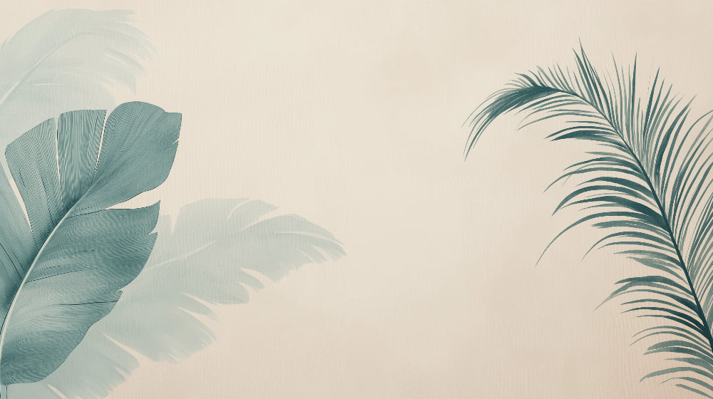 Minimalist tropical wallpaper design file showing sage-green palm and monstera pattern
