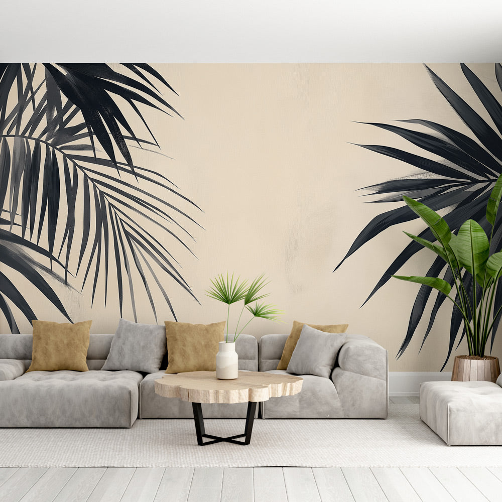 Minimalist Tropical Palm Leaf Wallpaper creating a modern accent wall in a bright living room with mid-century furniture