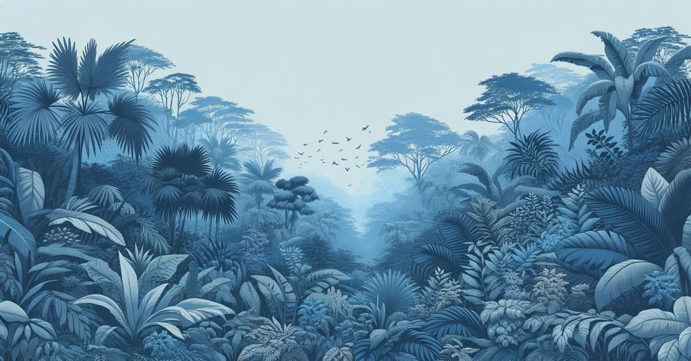 Tropical jungle wallpaper design file showing detailed misty blue palm fronds and exotic foliage pattern