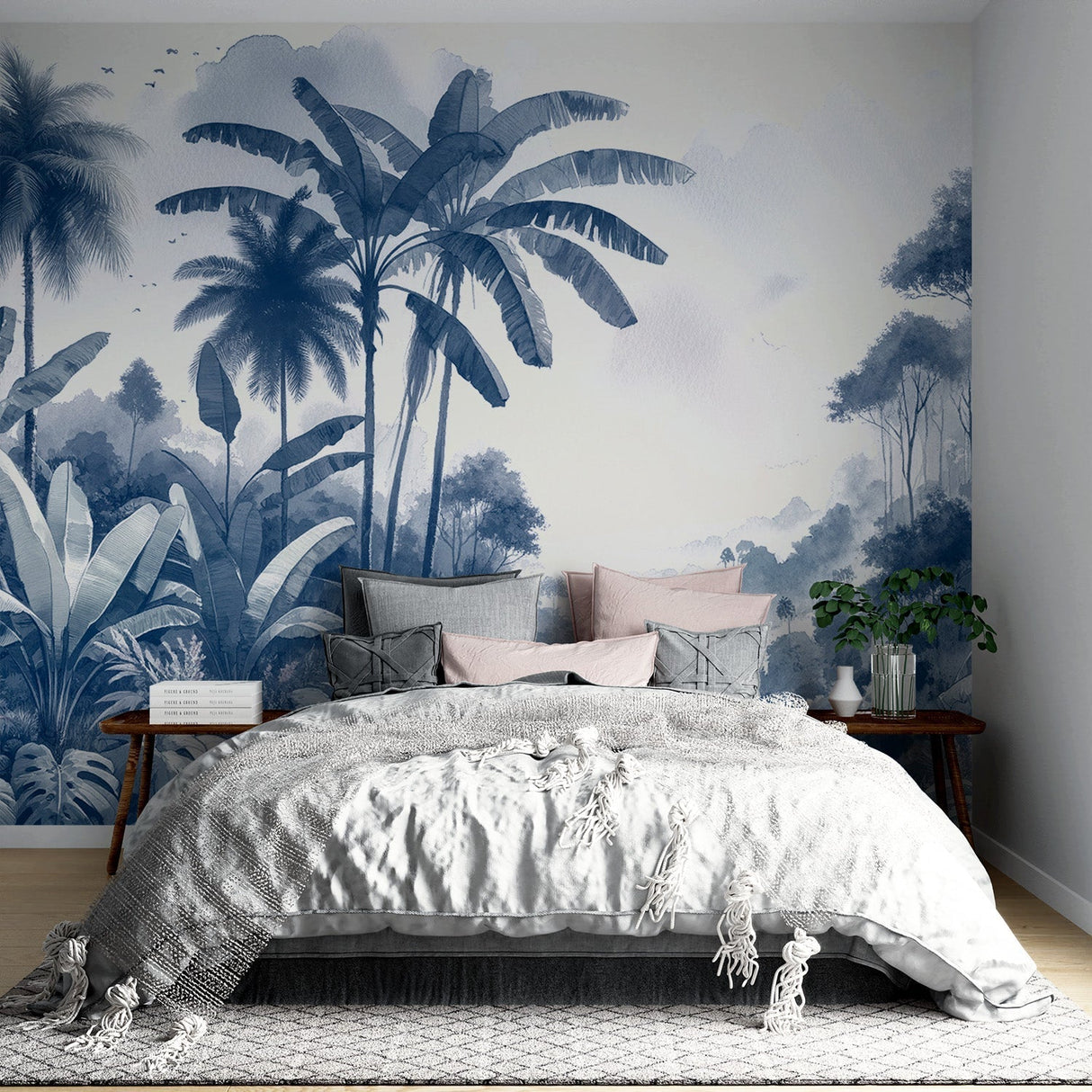 Tropical palm wallpaper creating a serene atmosphere in a modern living room with blue misty forest design