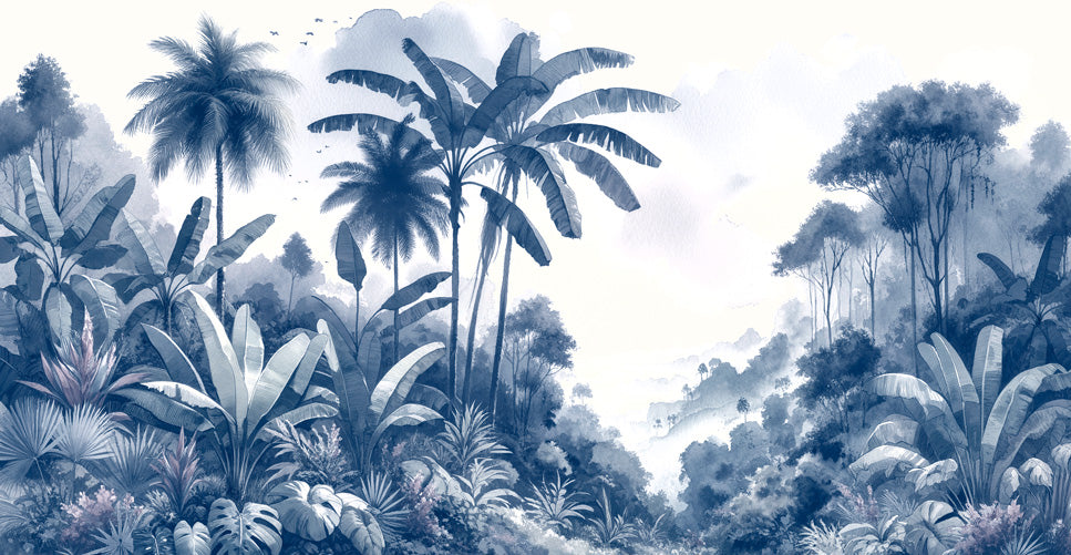 Misty blue palm forest wallpaper design file showing detailed tropical pattern and ethereal effects