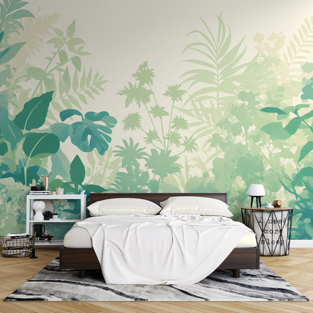 Tropical leaf wallpaper creating a fresh vibe in modern living room with gray sofa and natural light