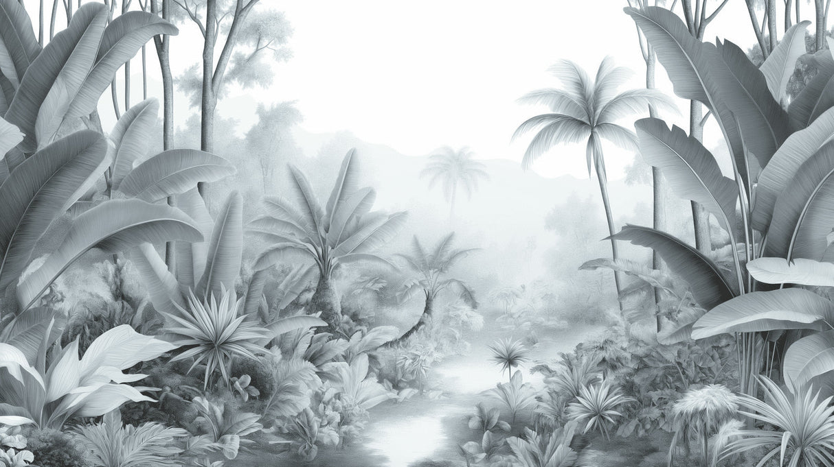 Tropical grey jungle wallpaper in modern living room creating serene atmosphere with soft misty design