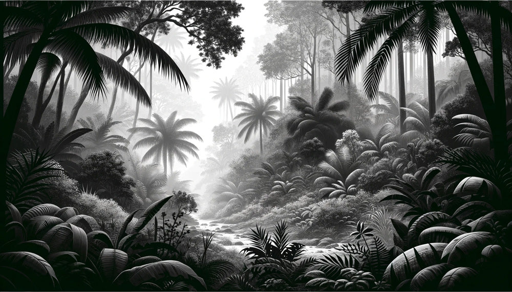 Tropical jungle wallpaper design file showing detailed black and white palm leaves and misty effects
